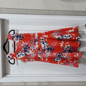 Orange, floral, A-line dress, L